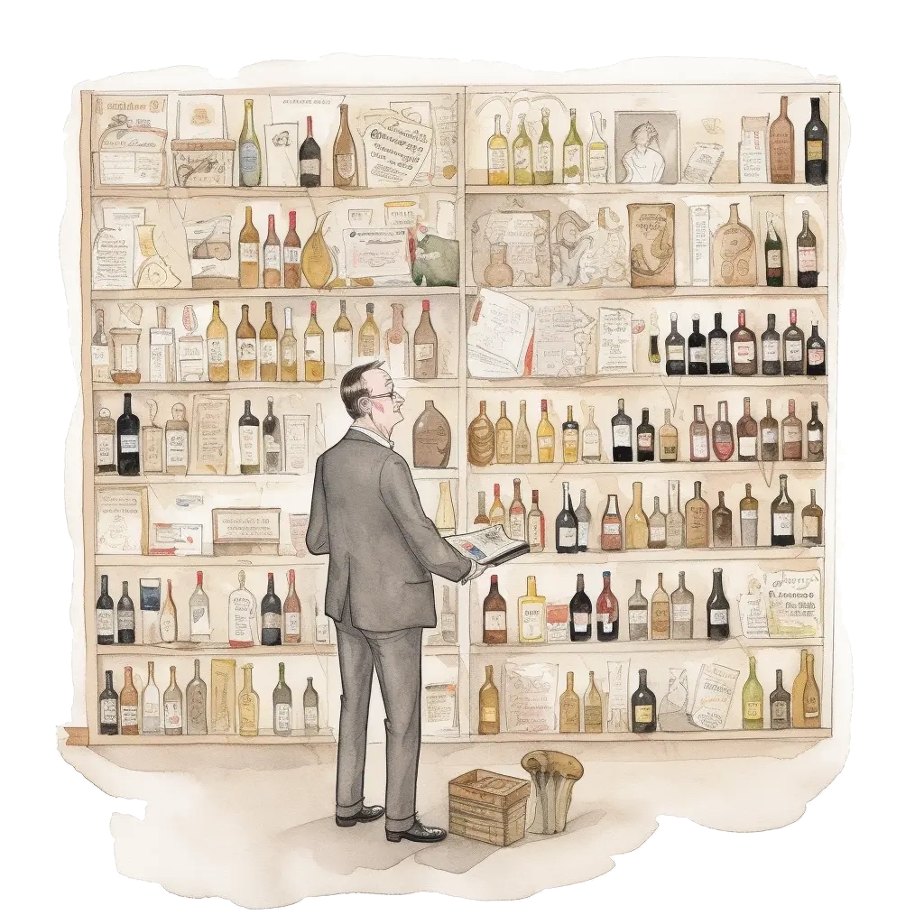 An illustration of a man standing in front of the wine shelves choosing wine